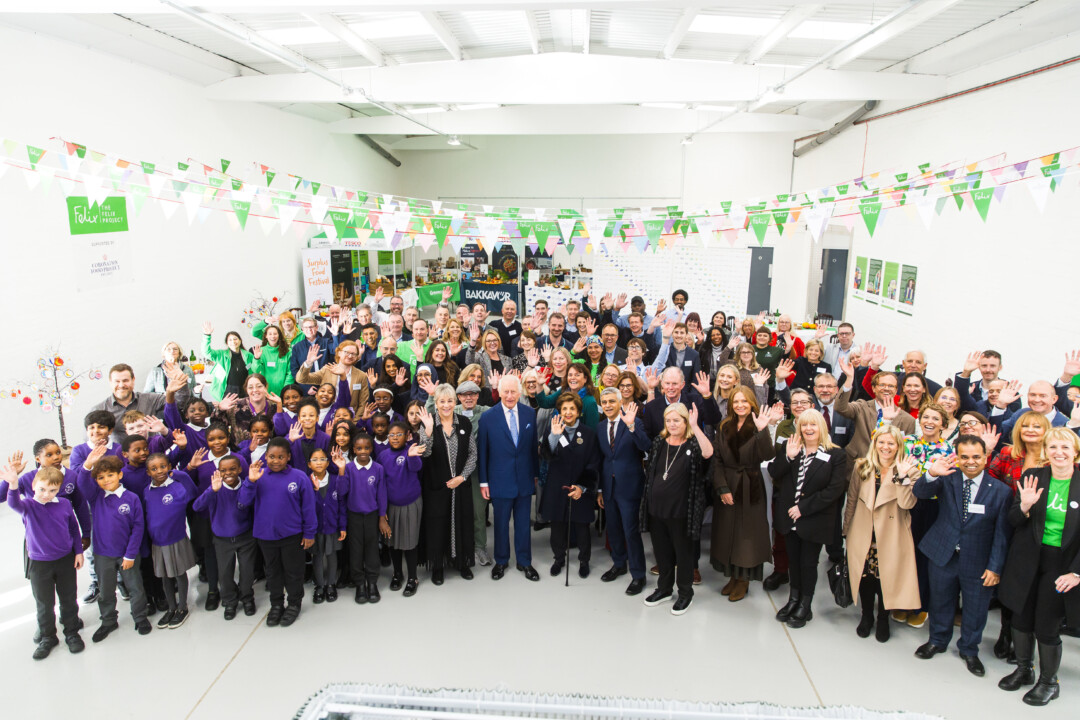 The King with charity partners at 1st anniversary of the Coronation Food Project in Deptford